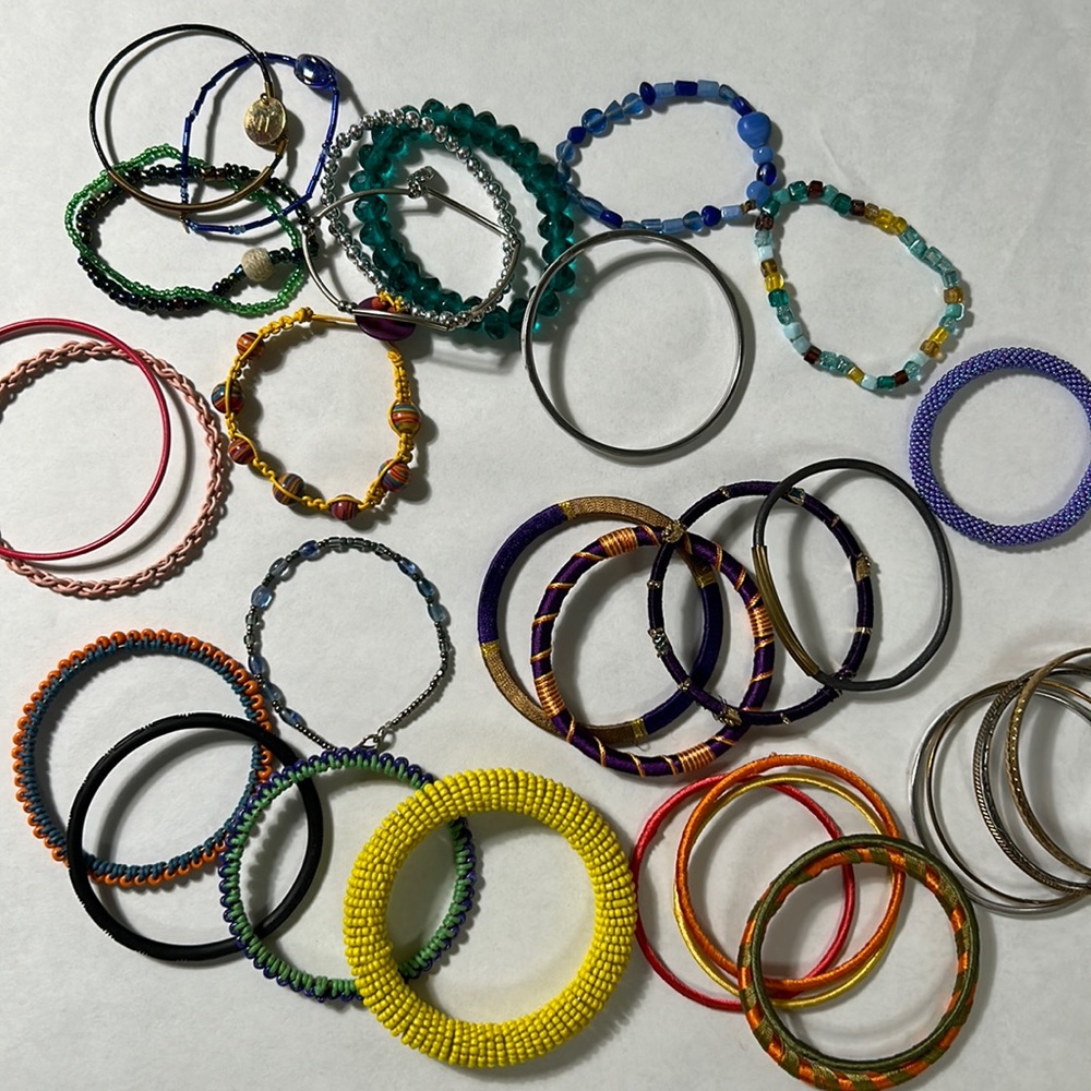 Bracelets and Bangles Lot, Multi Colored, Yellow Blue Green Purple Orange Pink